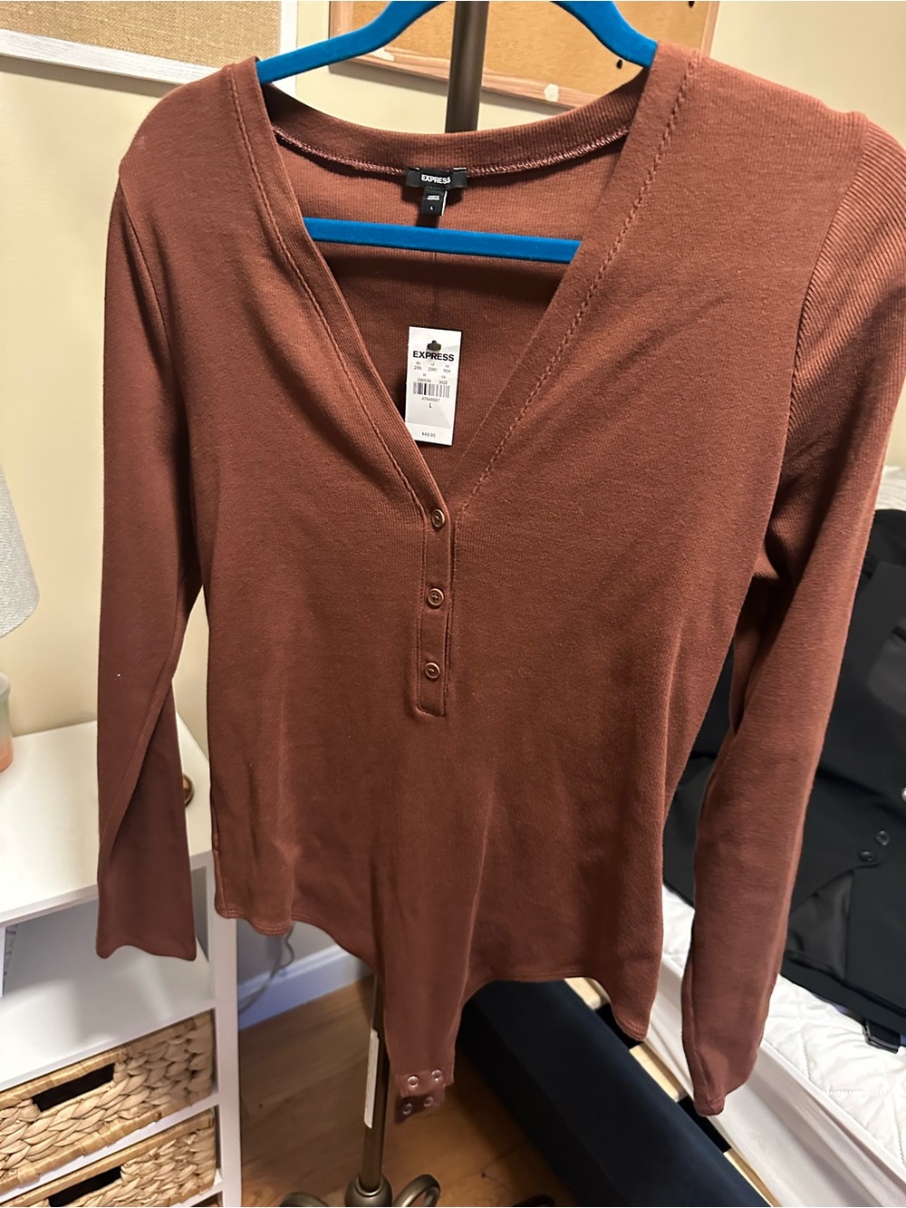 NWT Express Women's Brown Henley Long-Sleeve Bodysuit